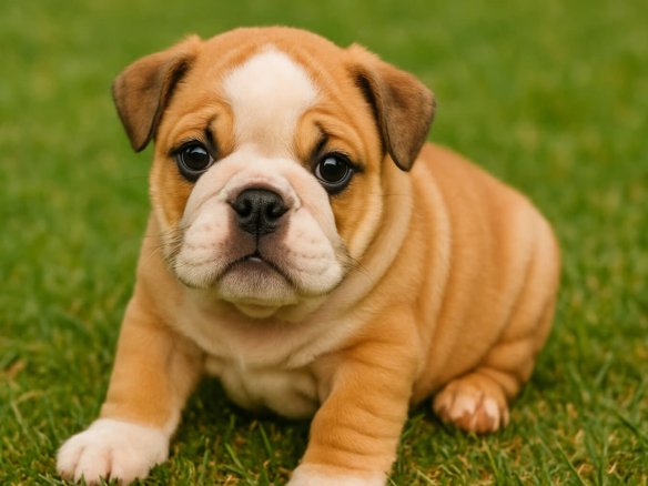 Cute brown and white English Bulldog puppy sitting on green grass, looking directly at the camera with a curious expression.
