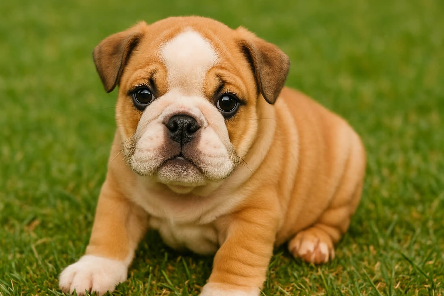 Cute brown and white English Bulldog puppy sitting on green grass, looking directly at the camera with a curious expression.