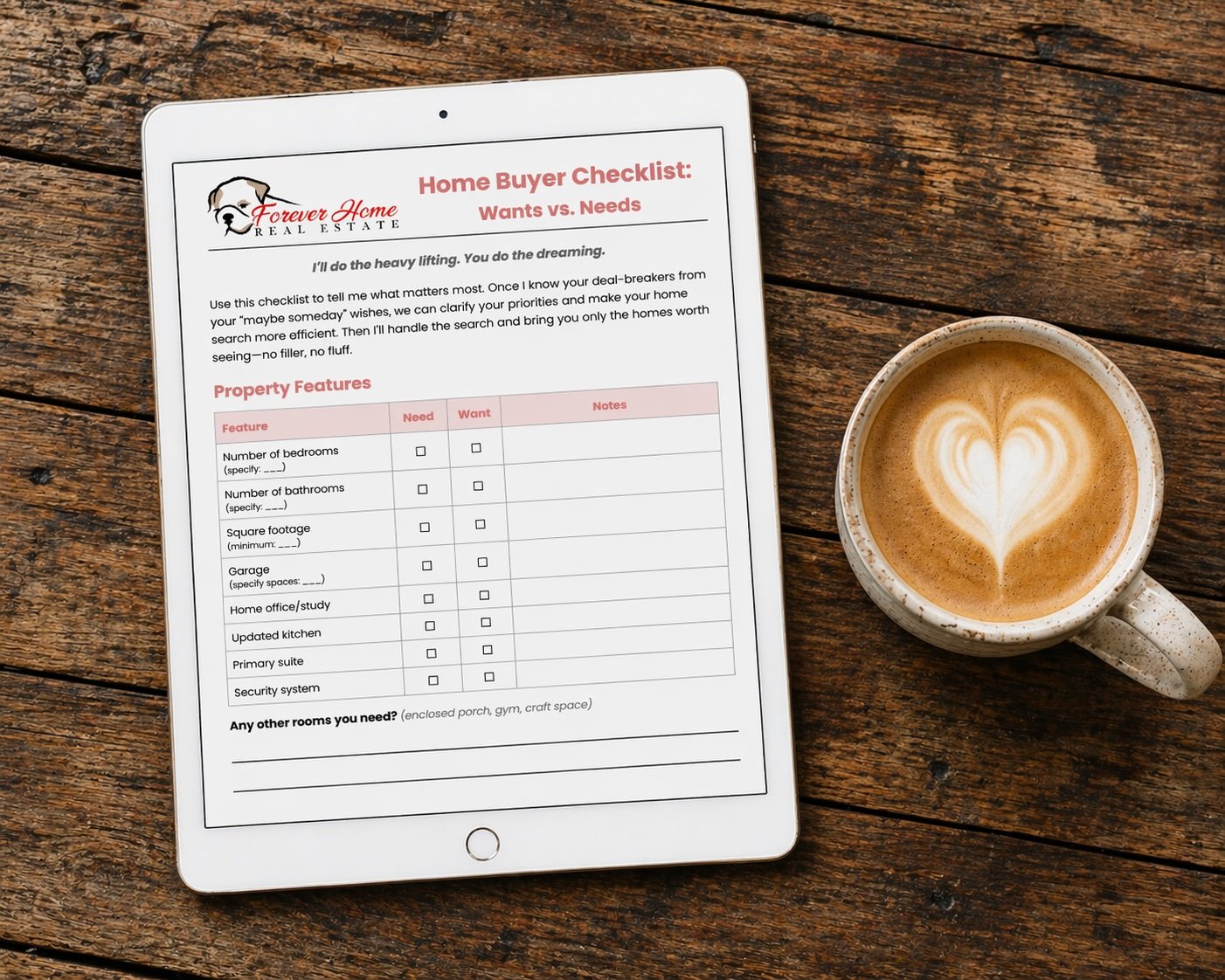 Home buyer checklist and coffee